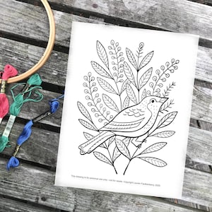 Patrón de bordado de un solo pájaro / Página para colorear con pájaros / Patrón de descarga instantánea