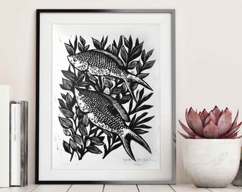 Fish Lino Cut Print, Original Letterpress Wall Art Print, Linocut Print Nature