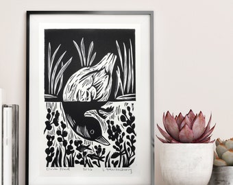 Duck Pond Linocut Block Print, Original Wall Art Print, Black and White Fine art Print