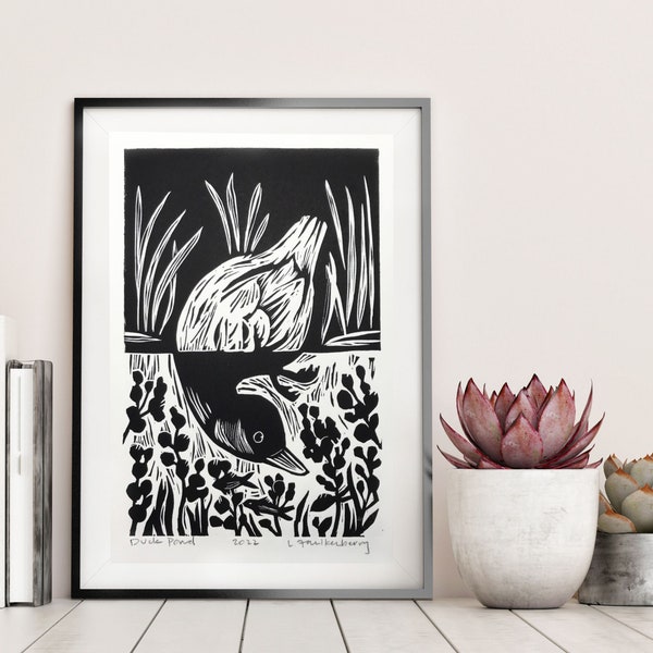 Duck Pond Linocut Block Print, Original Wall Art Print, Black and White Fine art Print