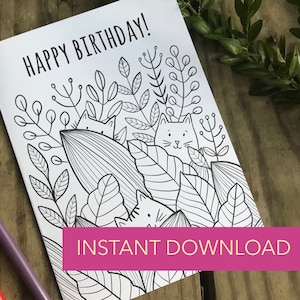 Download instantâneo, pinte você mesmo Feliz aniversário / Cartão de aniversário para qualquer pessoa / Cartão de aniversário para download com gatos