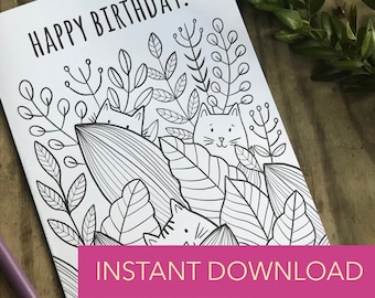 Instant Download, Color it Yourself Happy Birthday / Birthday Card for Anyone / Downloadable Birthday Card with Cats