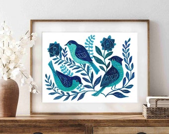 Wall Art Print with Birds, Boho Folk Art Bird Print, Home Decor Gift for Her