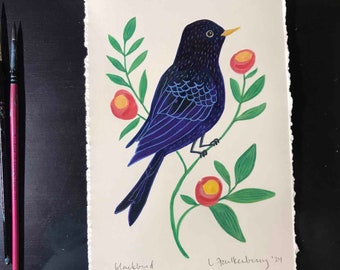 Original Blackbird Painting, Contemporary Wall Art, Gift for Bird Lover