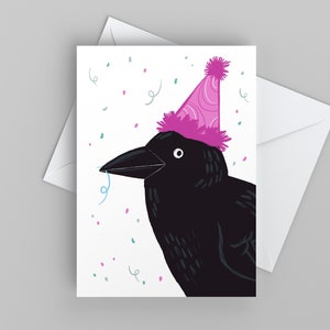 Carte d'anniversaire amusante avec corbeau et chapeau de fête, carte de fête pour un ami, carte de félicitations