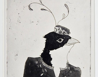 Original Etching - Original Art Print - Contemporary Print with Cuckoo