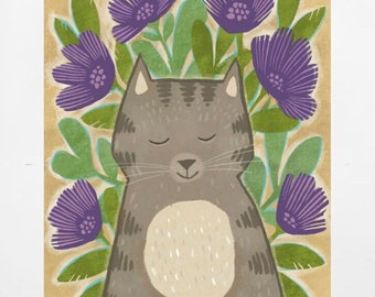 Gray Tabby Cat Wall Art Print, Colorful Animal Art, Modern Home and Nursery Decor