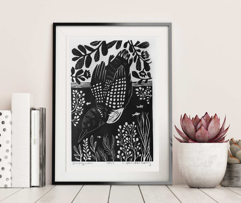 Diving Loon Linocut Block Print, Original Wall Art Print, Black and White Fine art Print image 1