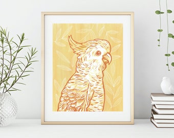 Wall Art Print with Gold Cockatoo, Contemporary Home Decor, Tropical Bird Art