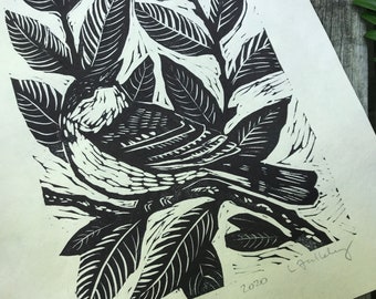 Lino cut Print with Warbler, Original Art Print, Limited Edition Block print