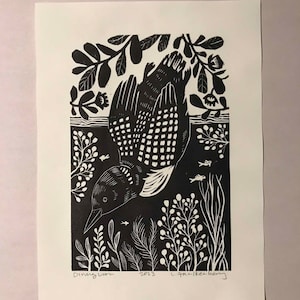 Diving Loon Linocut Block Print, Original Wall Art Print, Black and White Fine art Print image 3