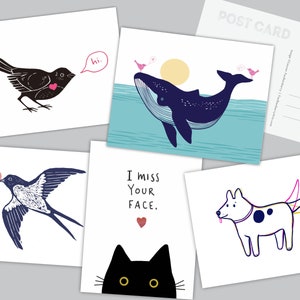 Niedliches Postkarten Set für Freunde von Postcrossing, verschiedene illustrierte Postkarten mit Tieren