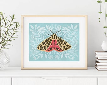 Blue Moth Art Print, Modern Botanical Wall Art Print, Contemporary Home Decor