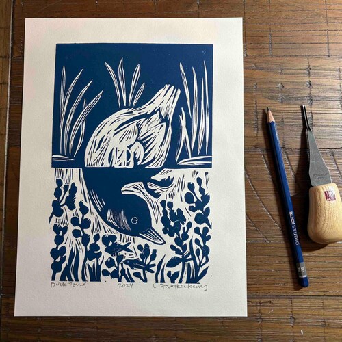 Impression linogravure Duck Pond en bleu, impression d'art mural originale pour amoureux de la nature