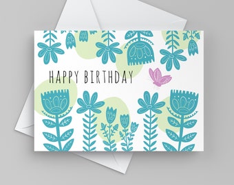 Birthday Card for Anyone, Floral Folk Art Happy Birthday Greeting Card
