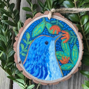 Hand-Painted Bird Ornament, Wood Slice Ornament, Bird Lover Gift