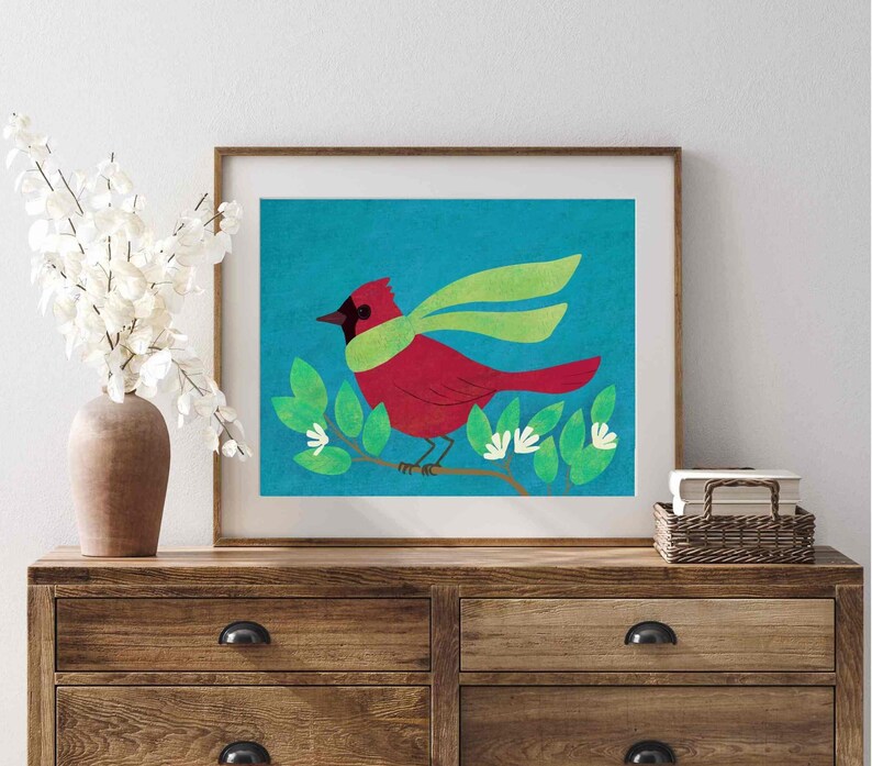 Winter Cardinal Wall Art Print, Cute Bird Art, Modern Seasonal Home Decor image 1