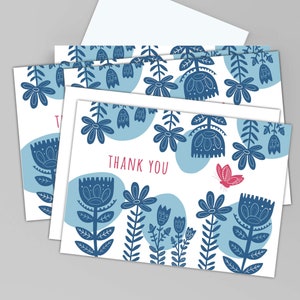 Thank You Card Set with Folk Art Flowers, Pack of Boho Thank You Cards