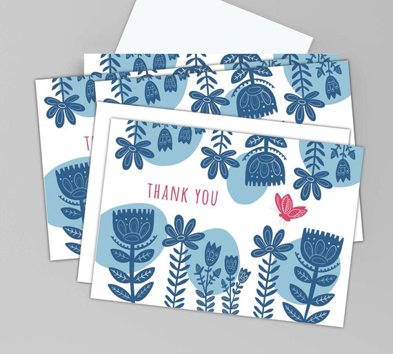 Thank You Card Set With Folk Art Flowers Pack of Boho Thank | Etsy