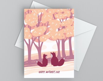 Mother's Day Card with Foxes and Cherry Blossoms, Card for Mom, Card for Grandmother