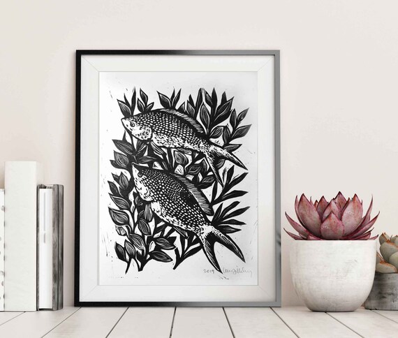 Fish Lino Print Frame Susie Arts 8X10 Unframed Cat Fishing Whale Ocean