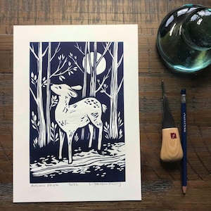Original Linocut Block Print with Deer, Rustic Home Decor