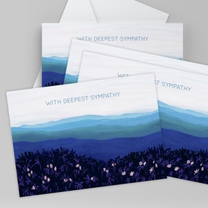 Jeu de jolies cartes de sympathie et de condoléances avec une scène de montagne, des cartes pour le deuil et la perte