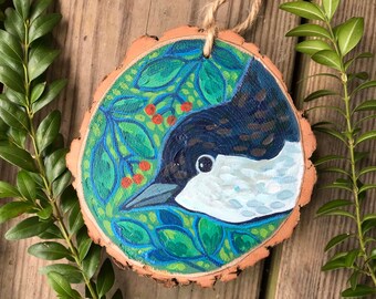Decorative Ornament with Nuthatch, Rustic Home Decoration, Bird Painting