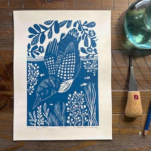 Diving Loon Linocut Print in Blue, Original Wall Art Print, Block Print Gift for Bird Lover