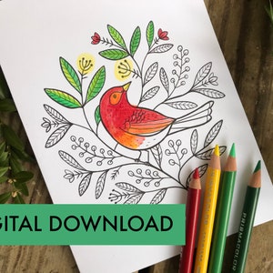 Tarjeta navideña para colorear / Tarjeta imprimible de descarga instantánea con pájaro / Página para colorear DIY para niños