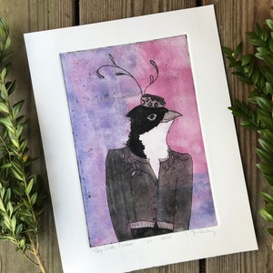 Pink Cuckoo Etching / Fine Art Etching with Bird / Bird Lover Gift / Cute Animal Portrait