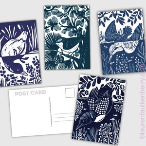 Lot de 4 cartes postales linogravure oiseaux, jolies cartes Postcrossing pour les amoureux de la nature