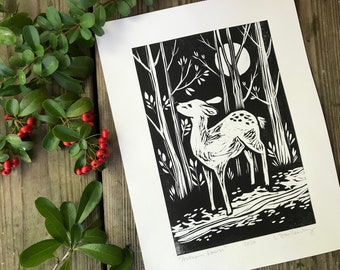 Autumn Fawn Linocut Print, Woodland Deer Fine Art Print, Original Lino cut Print Nature