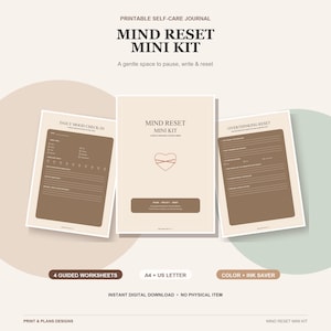 Mind Reset Printable Journal Kit, Mood Check-In, Brain Dump, Overthinking & Weekly Reset Worksheets