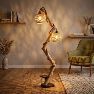 Rustic Wooden Floor Lamp with Shelf, Custom Height 160cm, Natural Driftwood Standing Light, Dual Jute Rope Shade Boho Decor