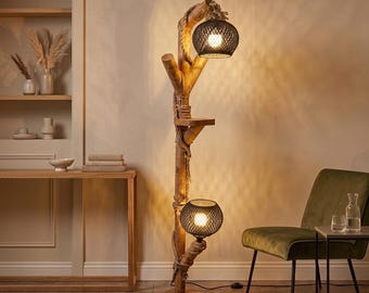 Handgemaakte houten vloerlamp met displayplateau, dubbele zwarte geweven lampenkappen, moderne landelijke stijl, rustieke lamp op maat, E27 fitting.