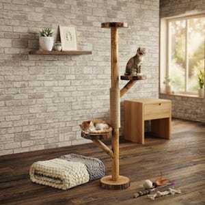 May include: A tall cat tree made of natural wood with a central sisal-wrapped post, featuring multiple circular platforms. A tabby kitten sits on the top tier, while a ginger and white cat sleeps on a lower platform. A thick knit blanket lies nearby.