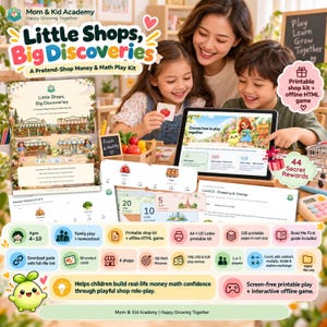 Pode incluir: Um kit de jogo educativo Little Shops, Big Discoveries sobre dinheiro e matemática, incluindo cartões de loja imprimíveis, dinheiro de brincar em THB, USD e EUR, fichas de exercícios e um jogo HTML interativo offline.