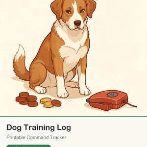 Puede incluir: Una ilustración digital de un perro marrón y blanco sentado junto a un pequeño montón de monedas redondas y un dispositivo electrónico rojo. El texto dice Dog Training Log, Printable Command Tracker, INSTANT DOWNLOAD, The Daily Paw Theory.