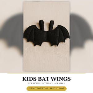 May include: Black felt bat wings with two vertical shoulder straps. The text below reads: KIDS BAT WINGS, PDF SEWING PATTERN - ALL SIZES, INSTANT DOWNLOAD | PRINT AT HOME. The design features scalloped edges and a central seam.