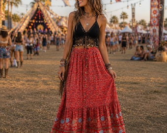 Boho Floral Maxi Tiered Skirt, Elastic Waist, Festival Beach Holiday Style
