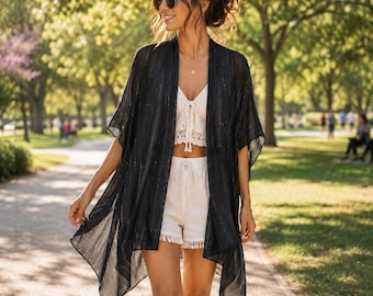 Sheer Shimmer Kimono Wrap: Lightweight Boho Beach Cover Up, Resort Wear Cardigan