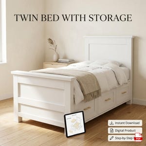 Twin Bed with Storage Plans - DIY Kids Bed Blueprint - Wooden Storage Bed Frame Project - Easy Build Furniture Guide - Instant PDF Download