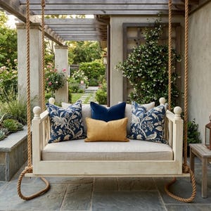 May include: A white wooden porch swing suspended by thick ropes, featuring a beige seat cushion and four decorative pillows: two navy blue with white botanical patterns, one solid navy blue, and one solid mustard yellow rectangular pillow.