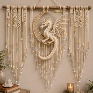 May include: A macrame wall hanging featuring a central cream-colored dragon perched on a gold crescent moon. The piece is suspended from a wooden branch and decorated with intricate knot patterns, wooden beads, and clear crystal-like pendants.