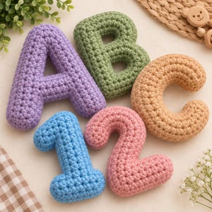 May include: A set of five soft, stuffed crochet letters and numbers including a purple letter A, a green letter B, a tan letter C, a blue number 1, and a pink number 2. Each piece is crafted with a textured yarn stitch pattern and a rounded shape.