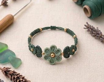 Patrón PDF de elegante pulsera floral de ganchillo, tutorial de joyería floral DIY, pulsera floral hecha a mano de ganchillo ideal para principiantes