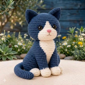 May include: A handcrafted crochet cat toy featuring dark blue yarn for the body, ears, and tail, with cream-colored yarn on the face, chest, and paws. The cat has large black plastic eyes and a small pink stitched nose, sitting in an upright position.