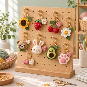 Può includere: Un espositore in legno chiaro forato che sostiene nove portachiavi all'uncinetto. I portachiavi presentano vari disegni tra cui un girasole, una fragola, ciliegie, una margherita, un orso, un coniglio, un avocado, una zampa e due cuori, tutti con anelli dorati.
