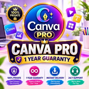 Puede incluir: Un gráfico digital para Canva Pro que presenta un gran logotipo circular con un icono de plumilla, el texto Canva Pro y una banda dorada que dice 1 Year Guaranty. Incluye iconos de privacidad, entrega instantánea y soporte.